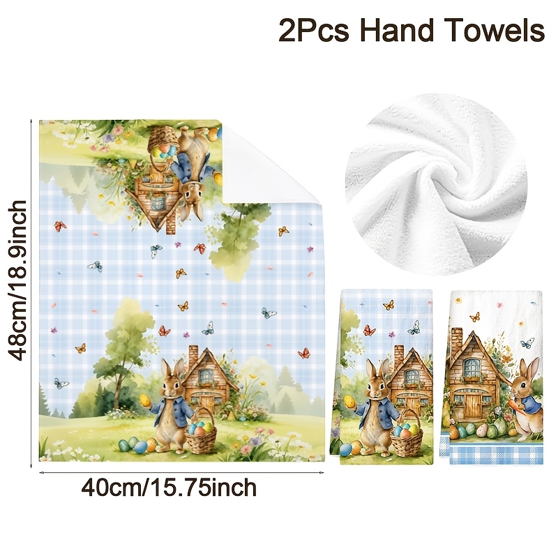 2pcs Easter Kitchen Towels, 40*48cm Retro Style Blue Easter Bunny Eggs Dish Towels, Absorbent Bar Drying Cloth, Cute Rabbit Hand Towel Dishcloth For Kitchen Bathroom, Easter Gifts, Easter Decorations