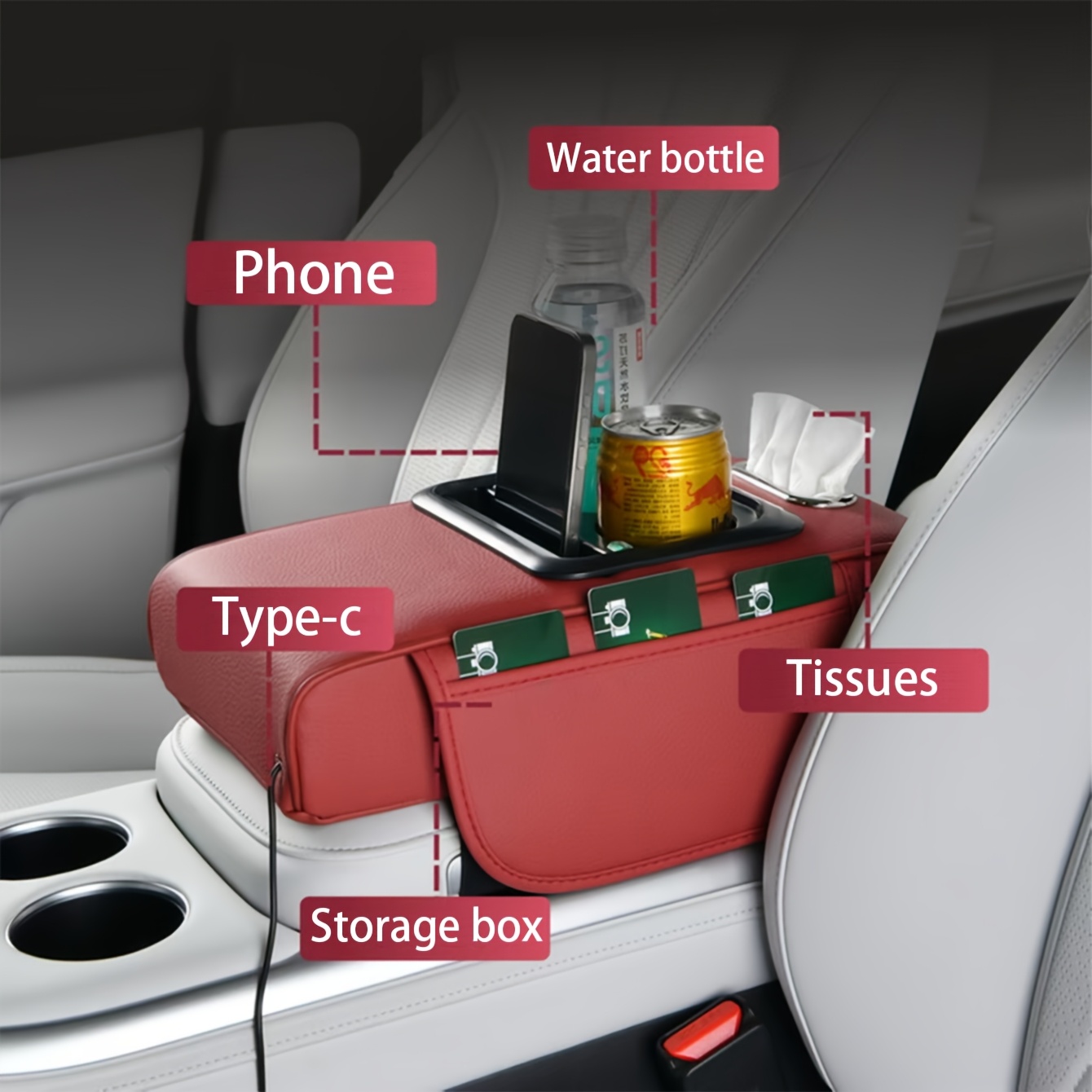 A Multifunctional Car Central Heightening Pad with a Dual Type-C Illuminated Data Cable Interface, Featuring a Storage Cup Holder And Armrest Box. It Includes a Thickened Memory Foam Console Protection Pad, an Armrest Storage Box with Pockets