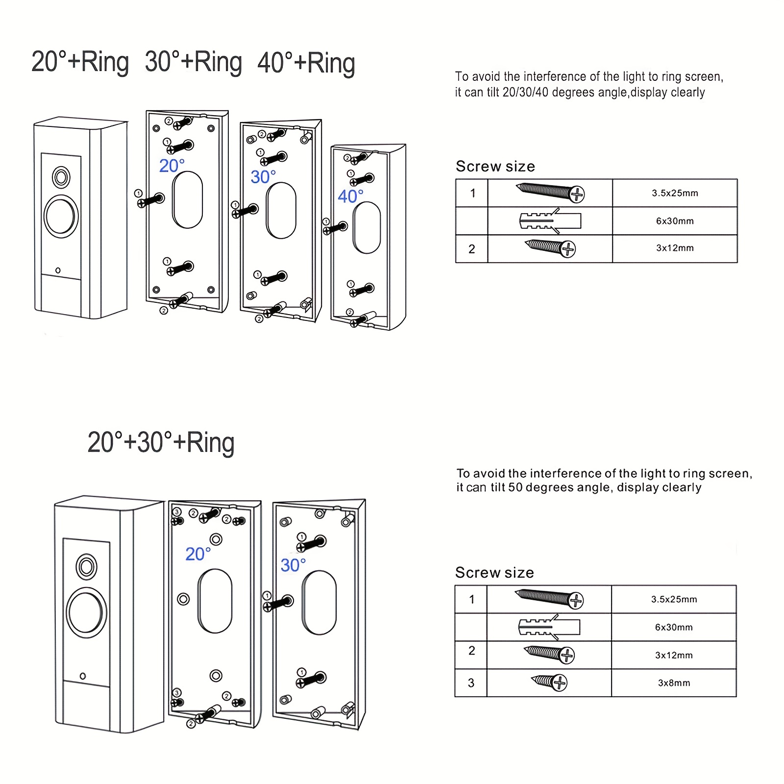 Ring Doorbell Mount Bracket with Adjustable Angle, 20/30/40/50 Degree Wedge Kit