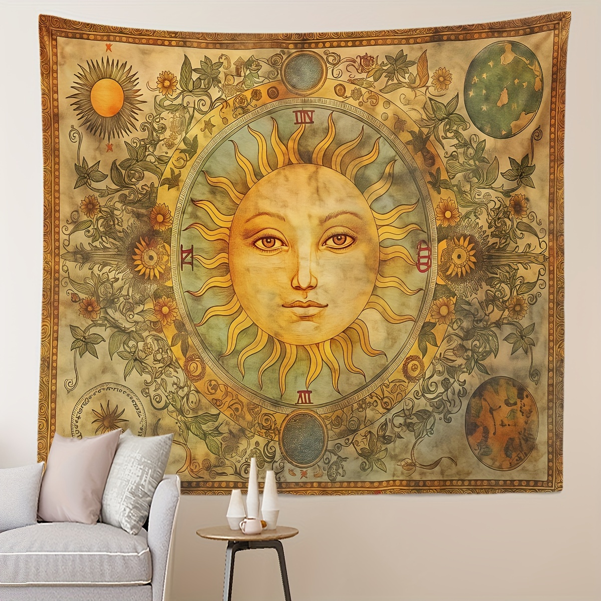 

Bohemian Sun & Mystic Flowers Tapestry - Psychedelic Floral Wall Hanging For Bedroom, Living Room, Dorm Decor - Soft Brushed Polyester, Horizontal Orientation