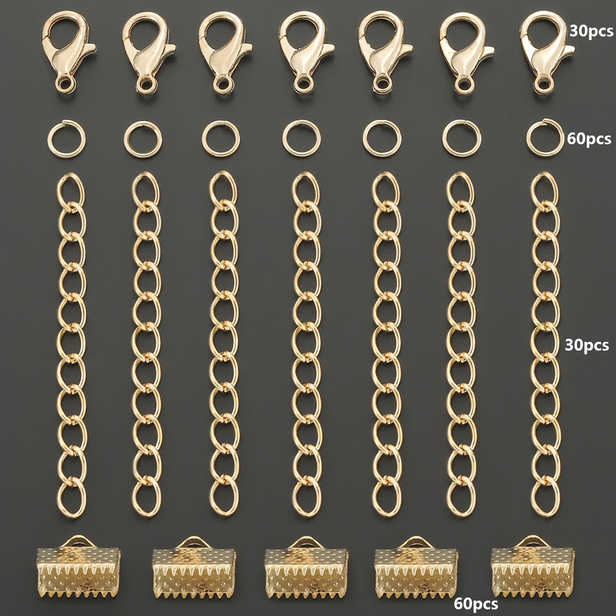 TEMU Kit de fermoirs de bijoux dorés KC 180 pièces avec 30 chaînes à 7 maillons, 30 fermoirs mousquetons, 60 fermoirs et 60 anneaux de jonction,