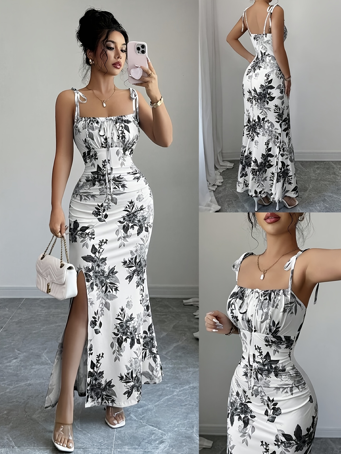 Ladies' Elegant Printed Spaghetti Strap Ruffled Shoulder Tie Bow Hip Slit Dress for Dates, Parties, Gatherings, Beach Vacations