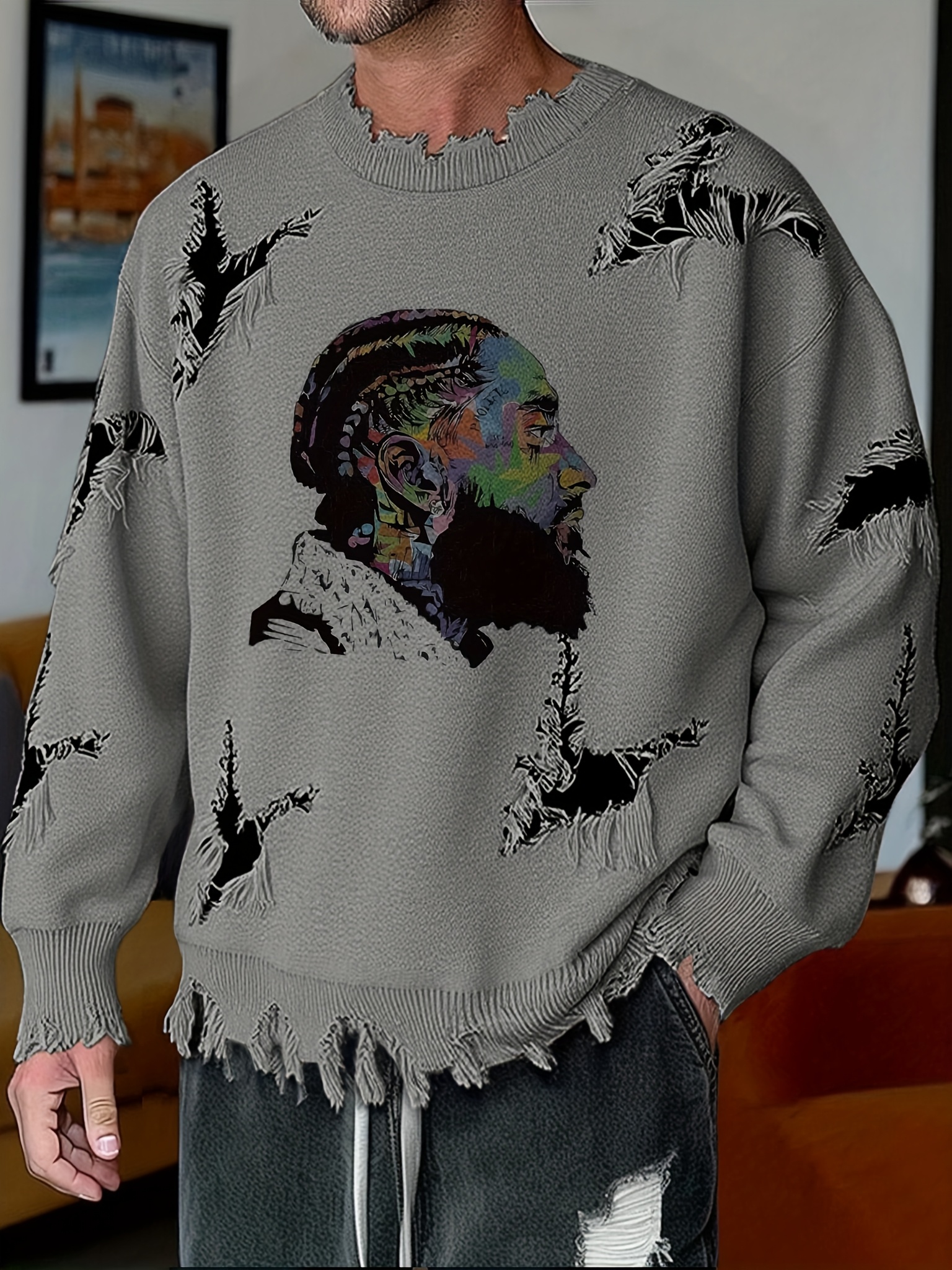 Men'S Casual Crew Neck Knit Sweater with Artistic Graffiti Portrait | Loose Fit, Ripped Details, Long Sleeve, Comfortable Texture for Fall/Winter - Image 4