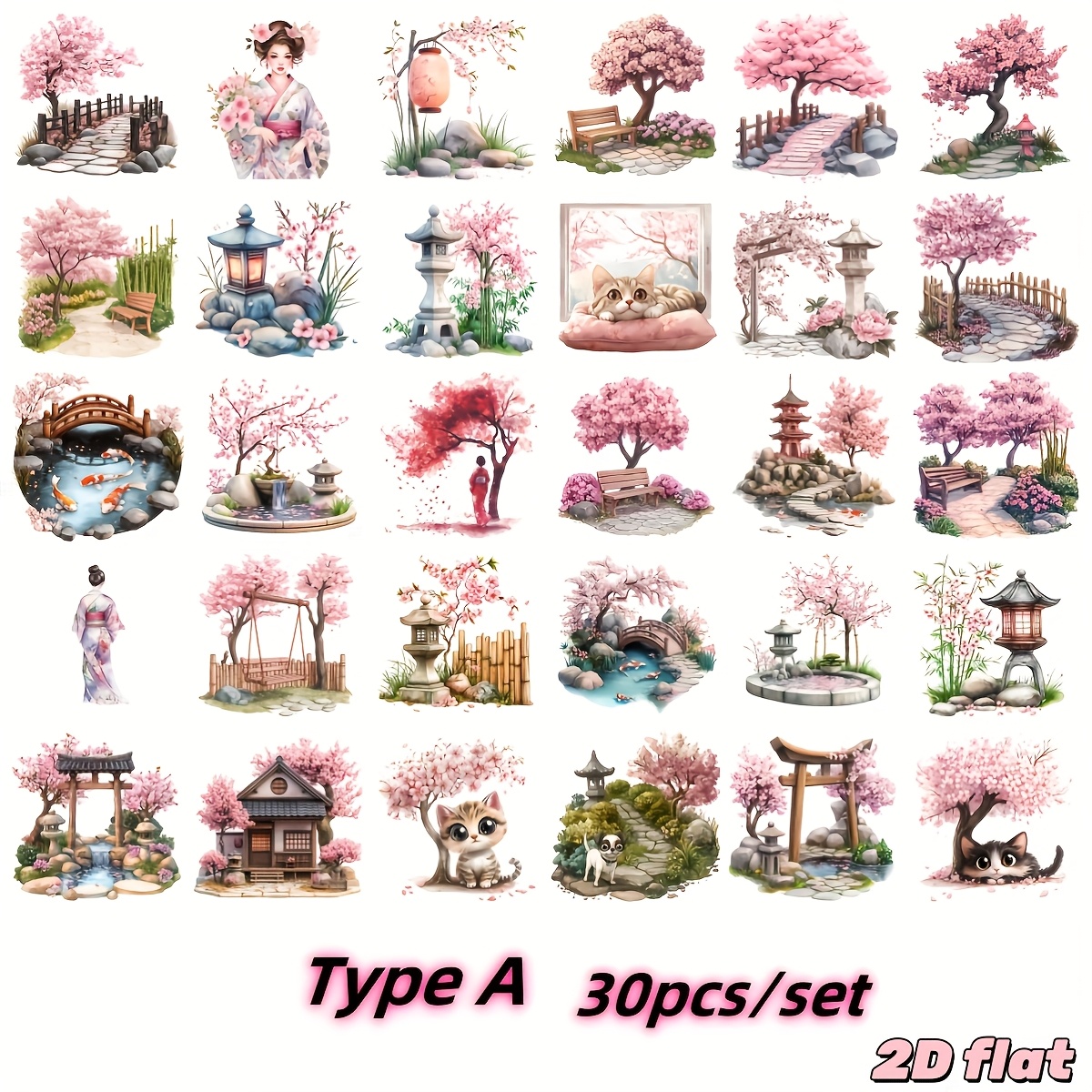 30pcs/set Handmade Creative Retro Japanese Scenery Cherry Kimono Series 2d Flat Stickers Suitable For Garbage Diary, Notebook, Decoration, Manual Account Cutting Book Stickers