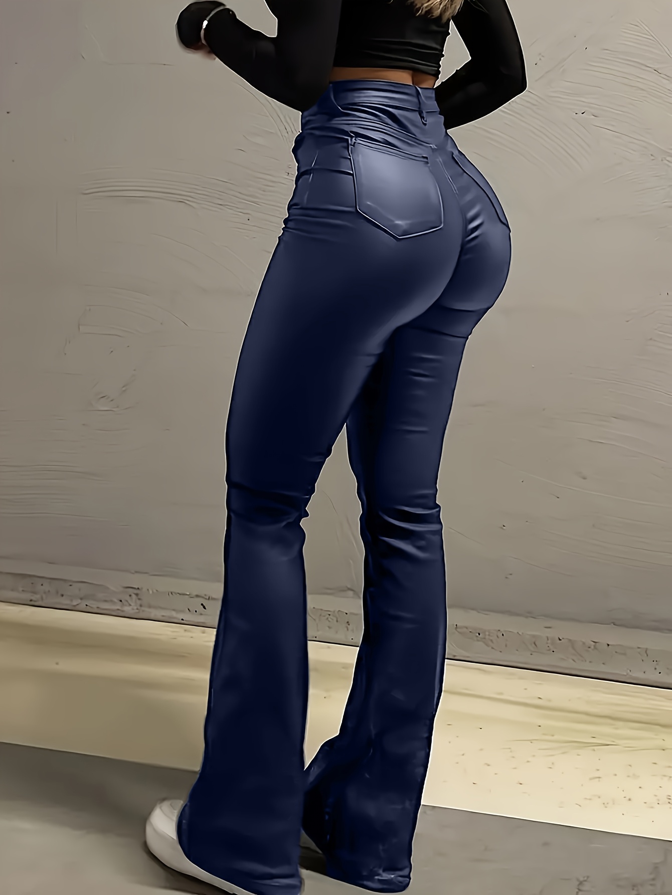 Elegant High-Waist Stretch Flare Jeans for Women - Comfort Fit with Pockets, Non-See-Through, Solid Color