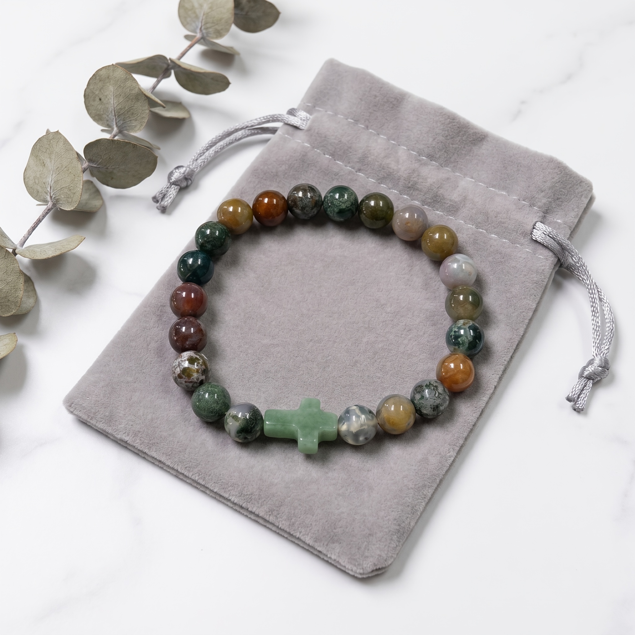 Minimalist Round Bead Bangle with Cross Pendant