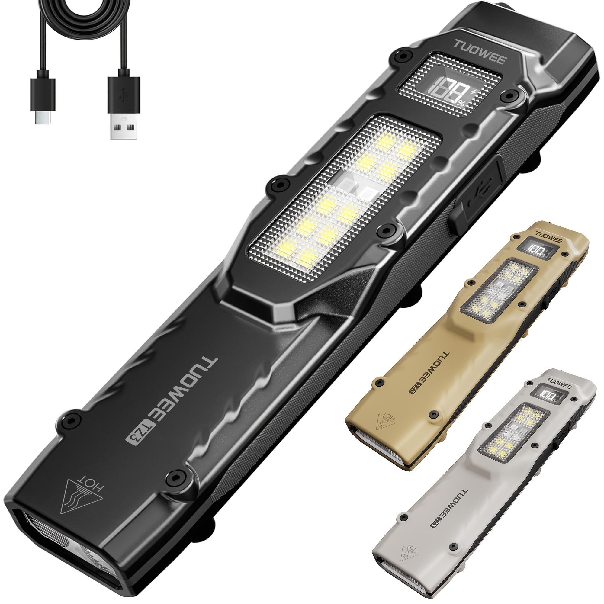 Genopladelig 1500LUMEN Flad Lommelygte EDC Taktisk Lommelygte, Dobbeltkontrol LED Lille Lommelygte med Digital Display, Rustfrit Stål 8 Tilstande Lommelygte til Hjemmet, Camping og Nødsituationer