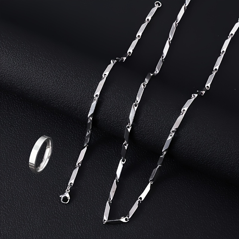 TEMU 3 pièces Collier Chaîne Fine Homme en Acier Inoxydable 316, Bracelet et Bague Lisse - Style Simple et Cool, Idéal pour ou Cadeaux , Ensemble