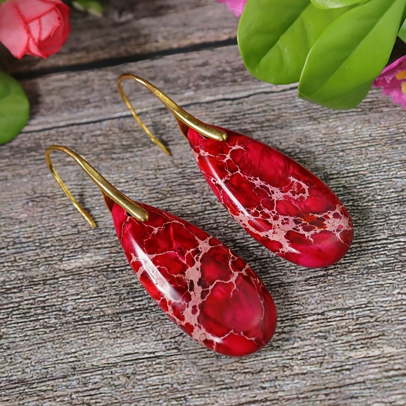 Red Natural Stone Drop Earrings, New Year Gift