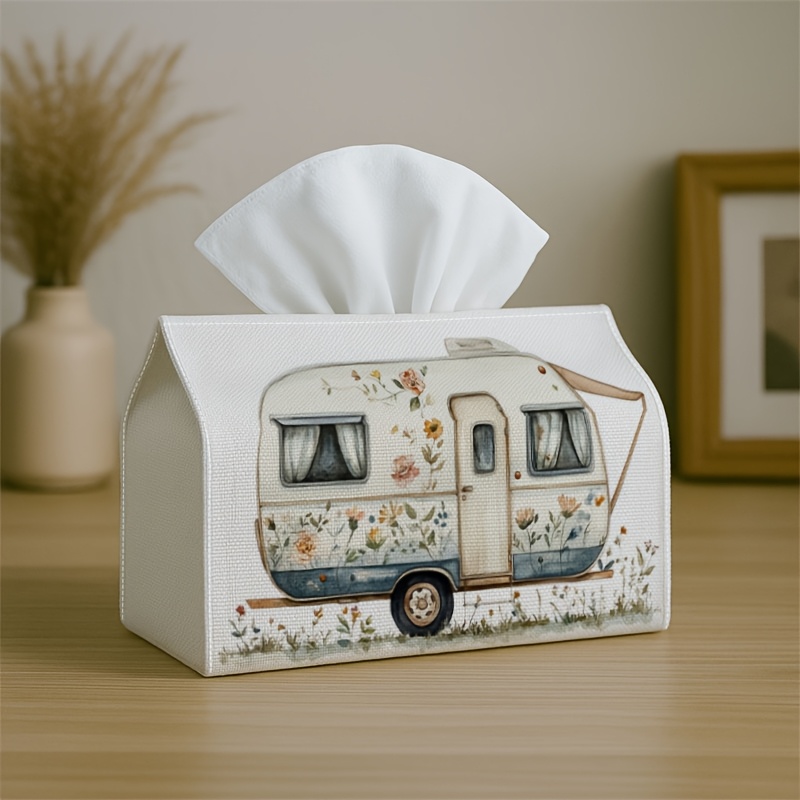 Image of 1pc Tissue Box With Van Motif With Floral Accents Decorative Storage Box For Decor, Kitchen, Living Room, - Festive Tissue Dispenser Ideal Gift, Compact & Stylish For Tissues Or Decorative Use