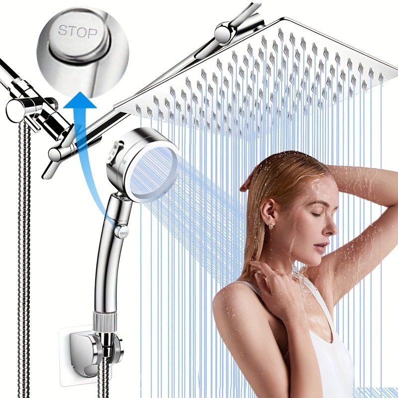 

Shower Head, 12 Inch High Pressure Rainfall Shower Head/handheld Shower Combo With 11 Inch Extension Arm, 9 Settings Adjustable Anti-leak Shower Head With Holder/hose, Height/angle Adjustable
