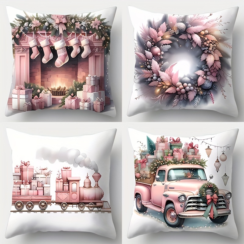 

Vintage Christmas Throw Pillow Covers 4-piece Set - Pink Wreath & Transportation Designs, Zippered Polyester Cushion Cases For Living Room Decor, 17.7x17.7 Inches - No Insert Included