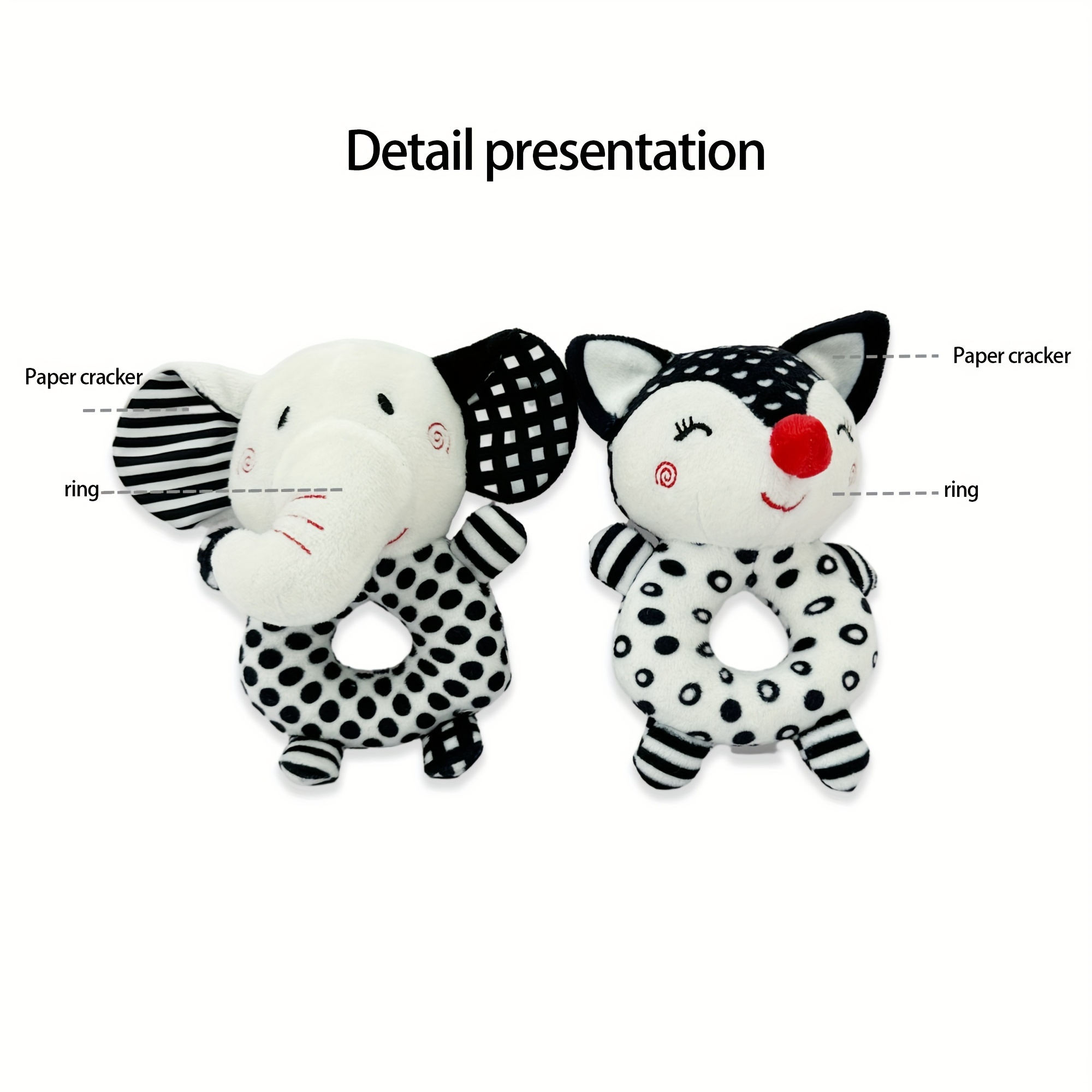 educational baby rattle and grip toy set black and white elephant and fox designs early learning handheld sound toy     polyester material for infants and toddlers 0 3 years details 5