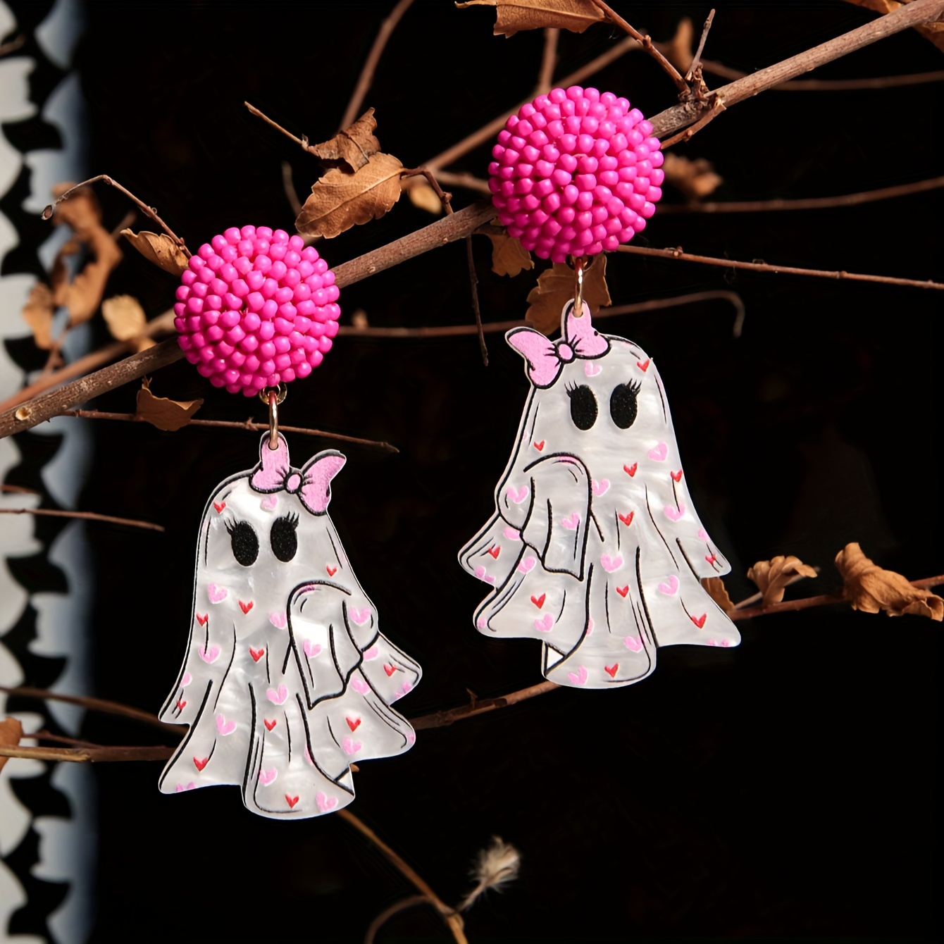 TEMU Halloween Gift Earrings, Humorous And Adorable Statement Pieces, Handcrafted With Seed Beads, Featuring Acrylic Studs And , Heart-shaped Bow