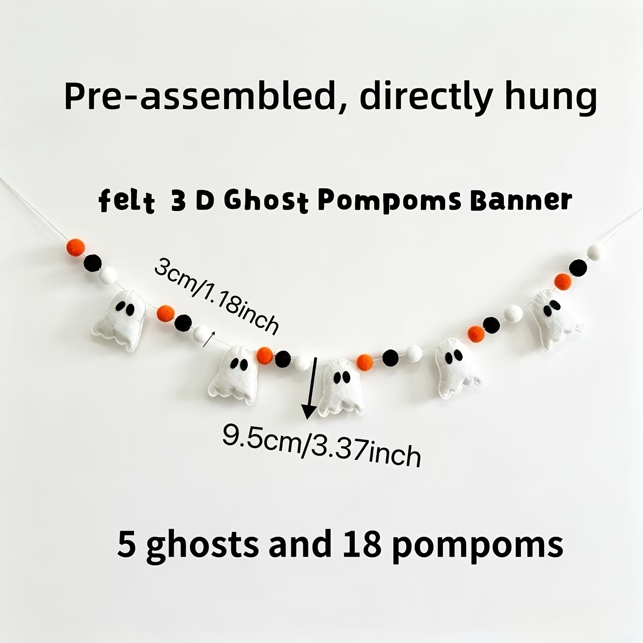 TEMU Halloween Decor Must-have 3d Felt Banner | Pre-assembled Ready To Hang 5 Cute Fluffy And 18 Pom-poms | Soft Thick Felt, Reusable Halloween |