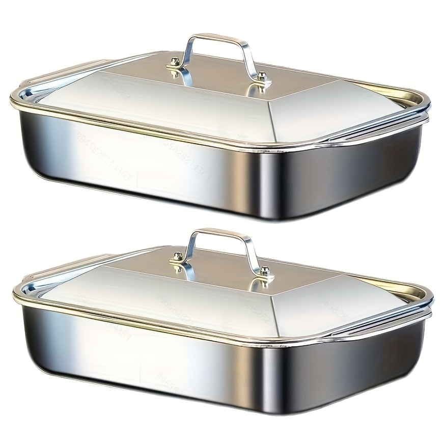 TEMU Large Heavy-duty Stainless Steel Baking Pans With Lids, Thickened Rectangular Oven Pan Baking Grilling Tools, For Outdoor Power-free Buffet