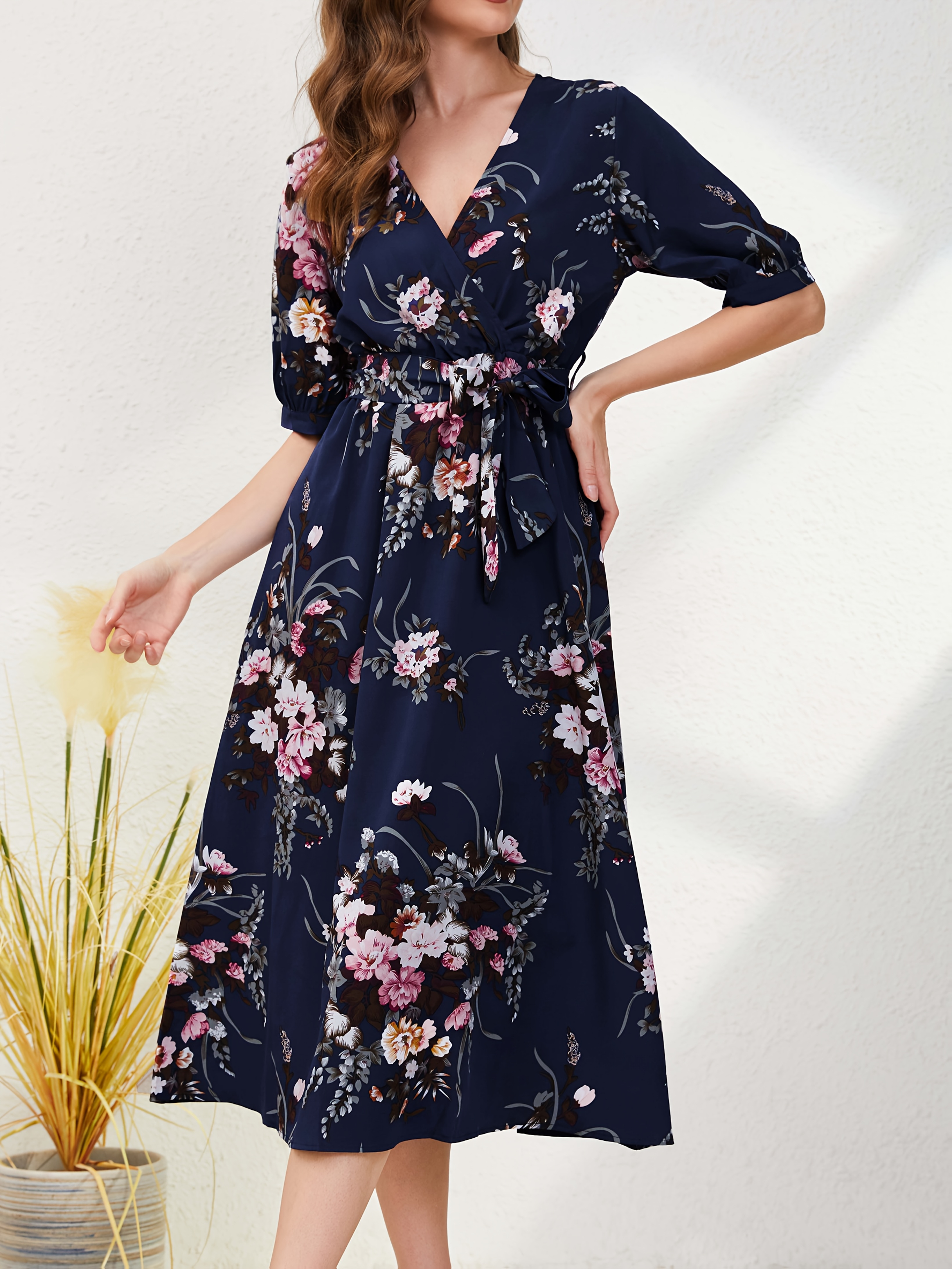 stylish floral print v neck belted midi dress 100 polyester - Temu United  Arab Emirates