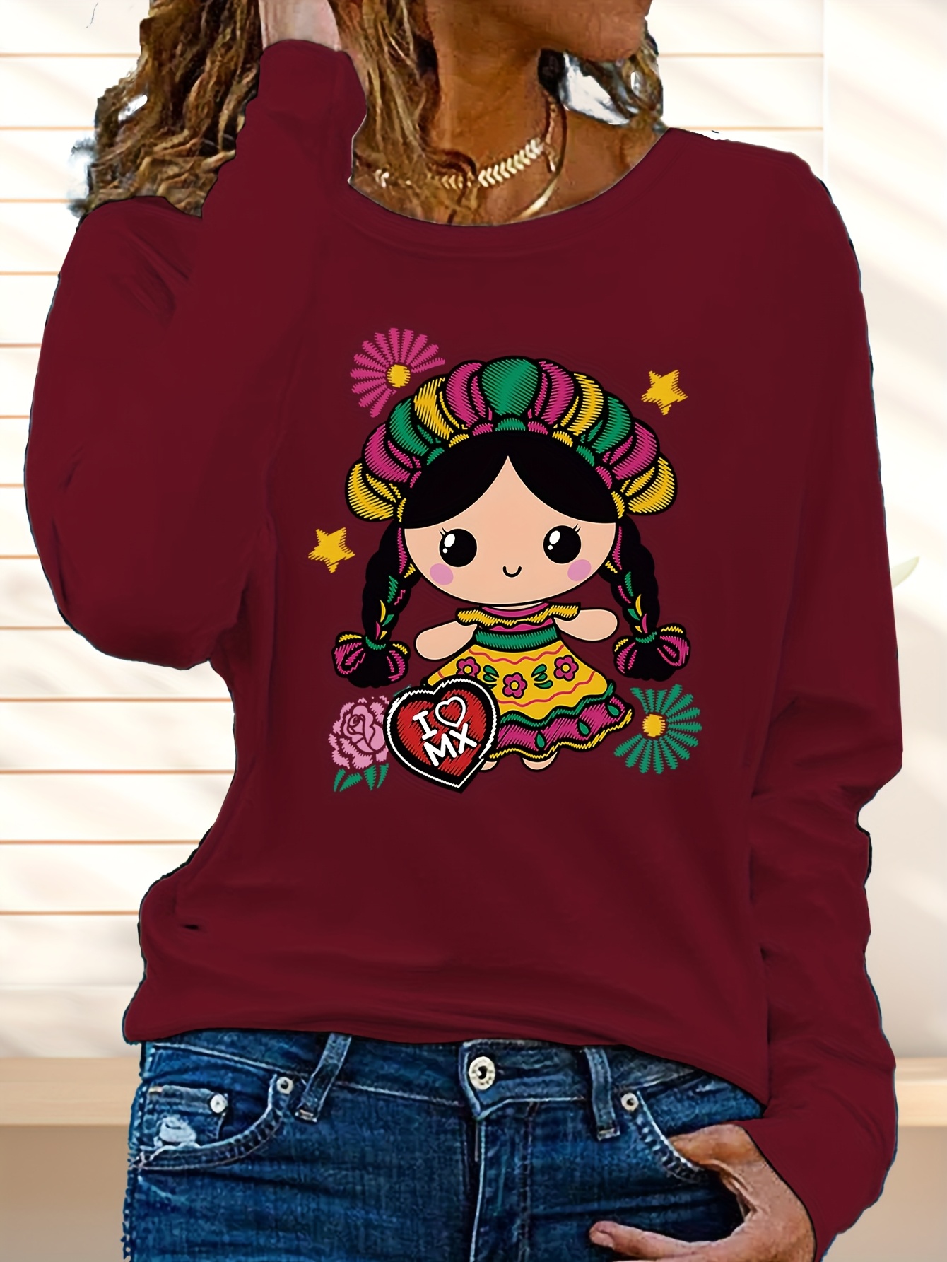 damen casual langarm crew neck t shirt mexikanischem kunst - Temu Luxembourg