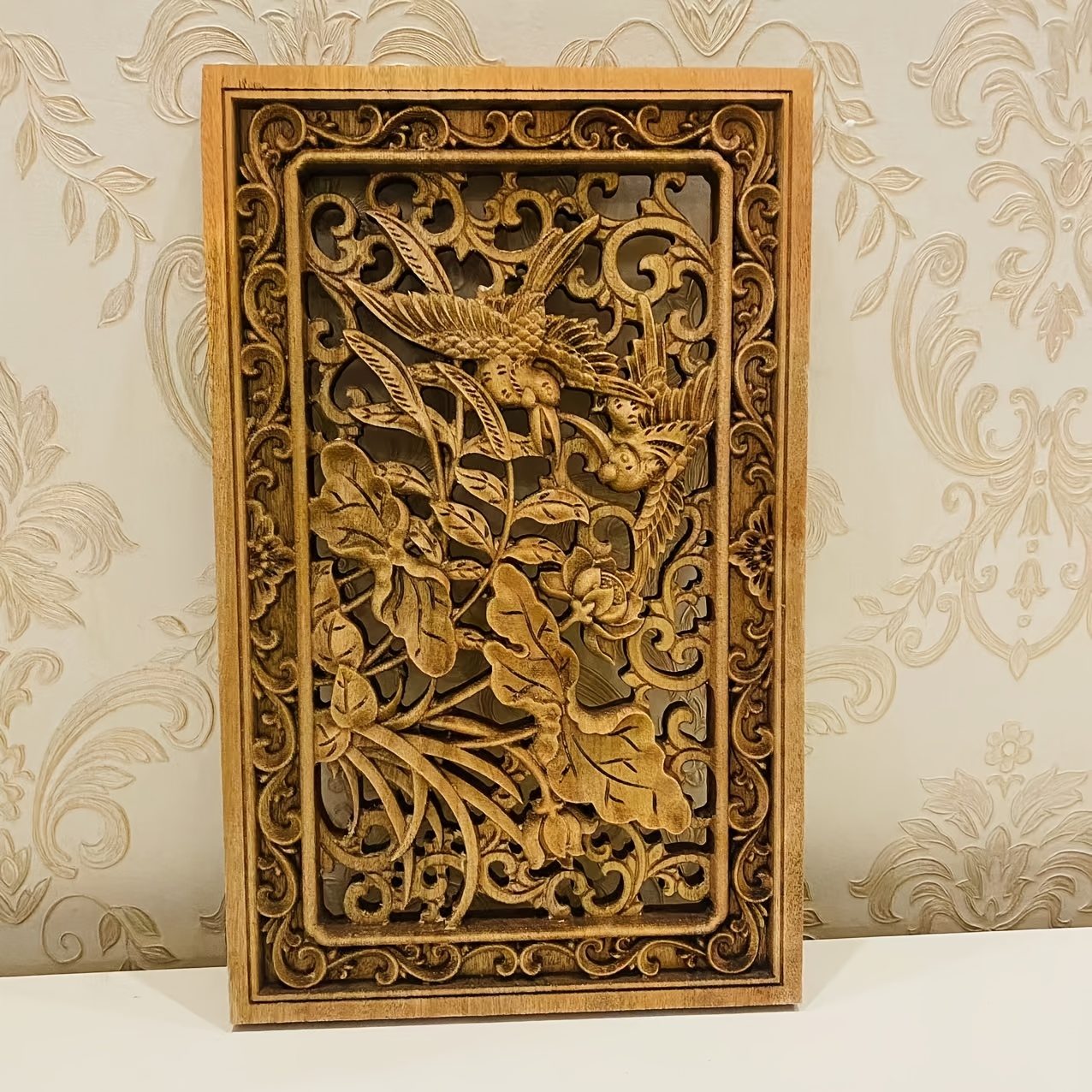 elegant wooden bird floral carved wall plaque 3d hollow out   wood decorative panel for doors and walls intricate for lotus and vine     multi purpose home decor door decoration intricate wall plaque elegant wooden decor wooden wall decor 0