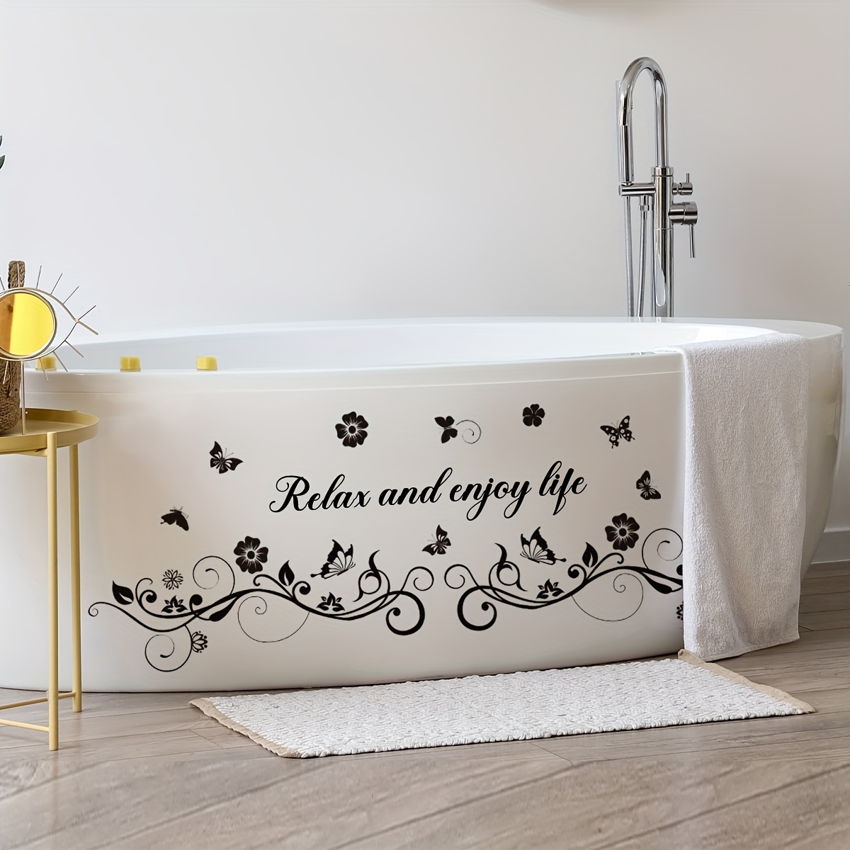 

Relax And Enjoy With Floral And Butterfly Design, Self-adhesive Bathtub Wall Sticker For Bathroom Decor - Water-resistant Black Vinyl Bath Appliques, Easy To Apply And Remove Ms2483-kq