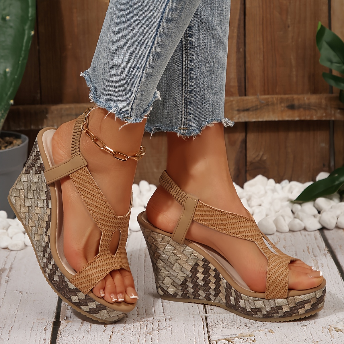 women's brown cover wedge sandals -height platform with double
