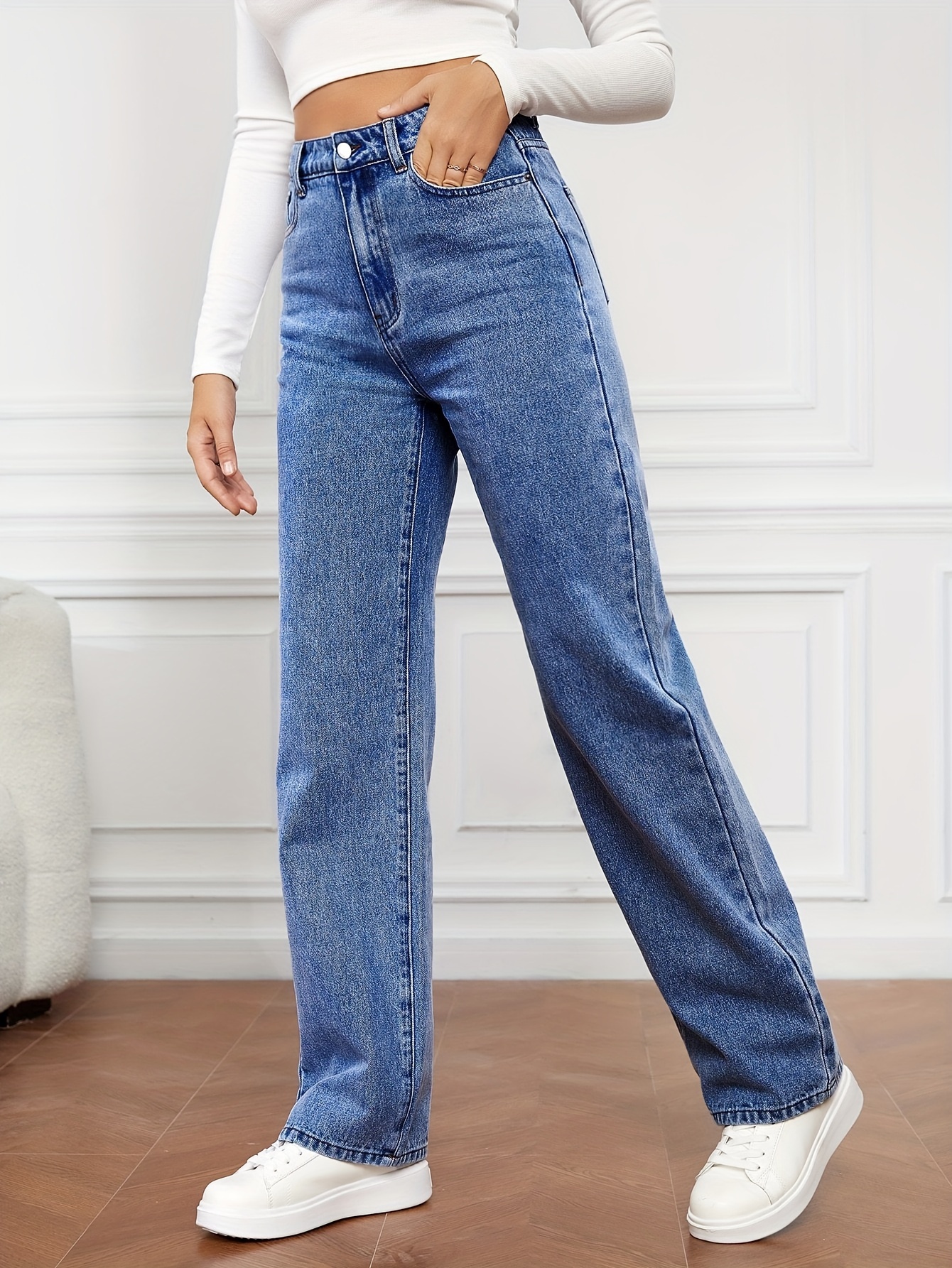 womens high waist washed jeans versatile straight leg pants casual style denim long trousers for daily wear details 1