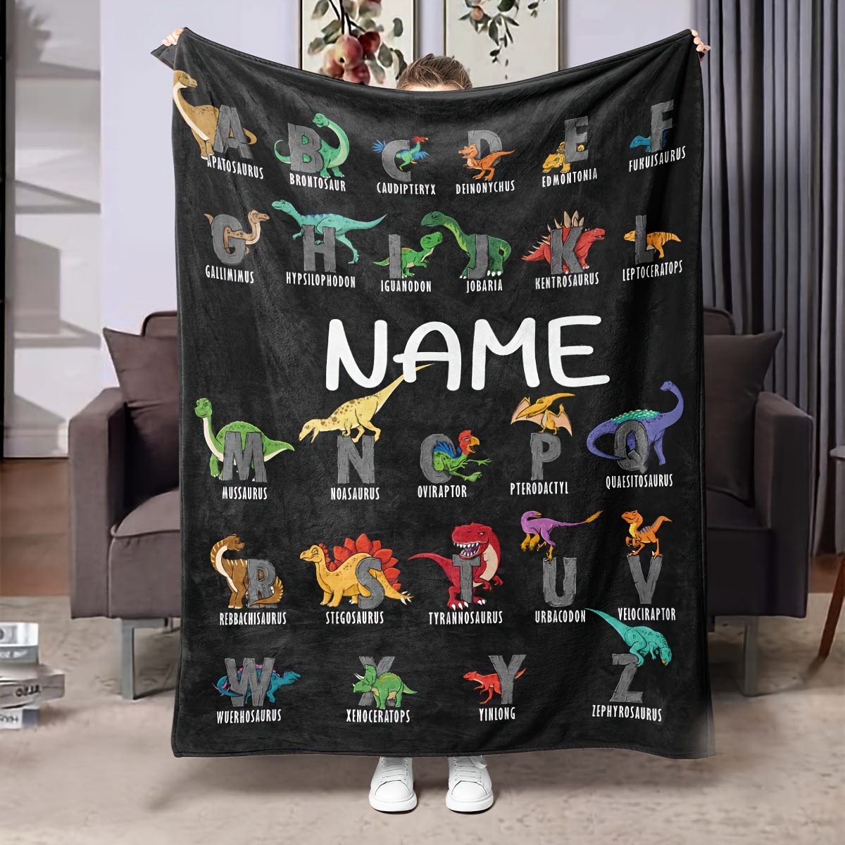 

Custom Dinosaur Alphabet Name Flannel Throw Blanket, Personalized Soft Warm Office Living Room Sofa Nap Blanket, Digital Printed All Use, Unique Gift Idea 1pc