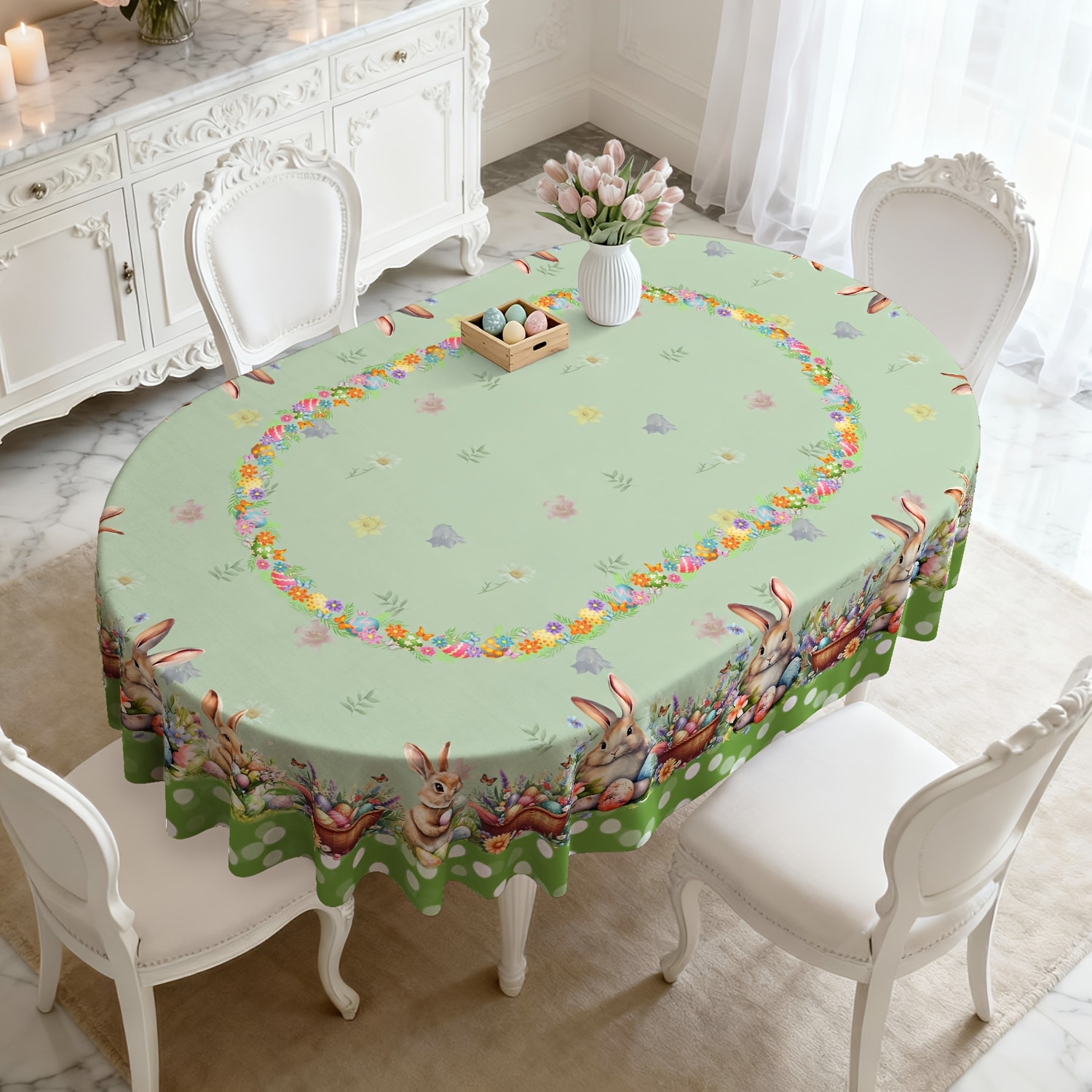TEMU A Tablecloth For Easter Featuring Vintage Bunny And Egg Patterns, With Butterflies And Flowers, Perfect For Party Home Dinners And Easter Table