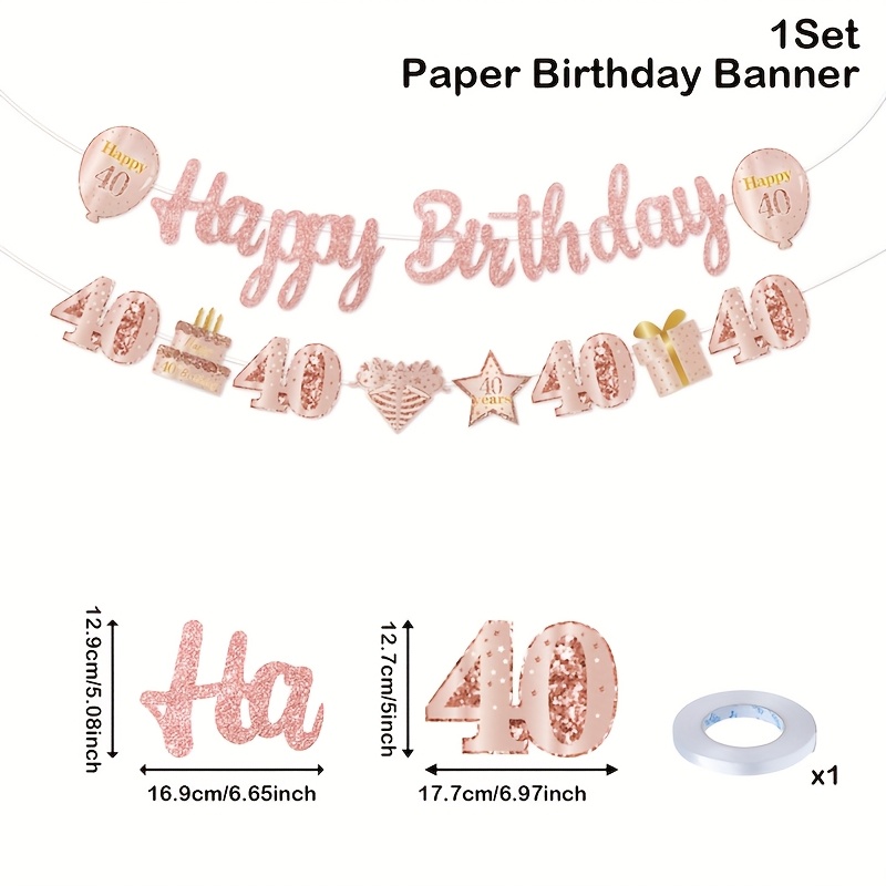 Image of 1set, Rose Golden 40th "happy Birthday" Banner - Glitter Rose & Golden Happy 40th Birthday Party Hanging Paper Banner Decoration With Sparkling Letters, 40th Old Birthday Celebrations Decoration
