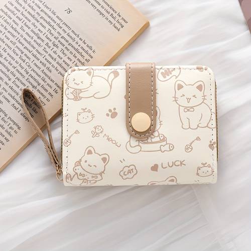 de mujer con estampado de oso tierno, estilo japonés minimalista original, tri-plegable con cierre de broche, corto para , clutch para mujer