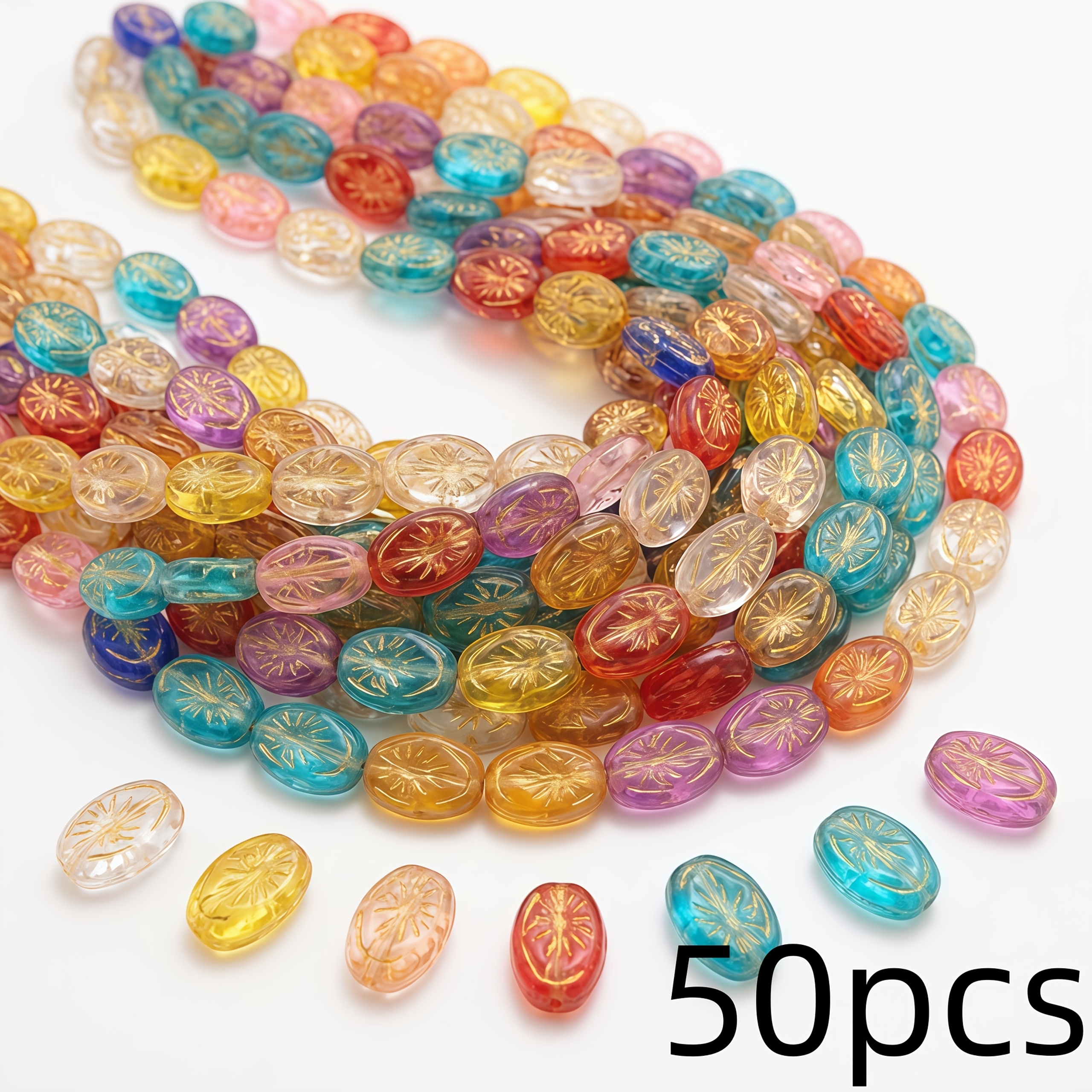 TEMU Lot de 50 perles tchèques en verre remplies d'or -mêmes pour la fabrication de bijoux DIY - Perles bohèmes ovales multicolores effet de soleil