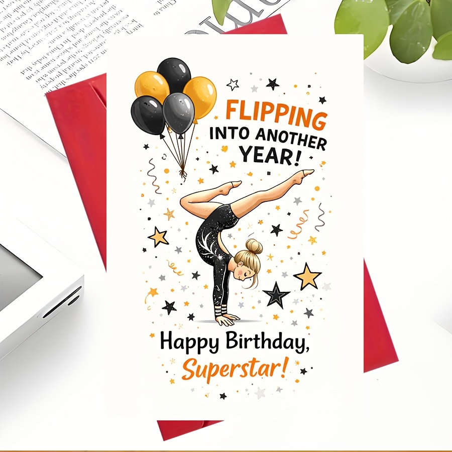 TEMU 1pcgymnast Birthday Card For Her Cute Sparkly Design With Balloons Fun Message Ideal For Gymnastics Lovers Perfect From Giftable Envelope