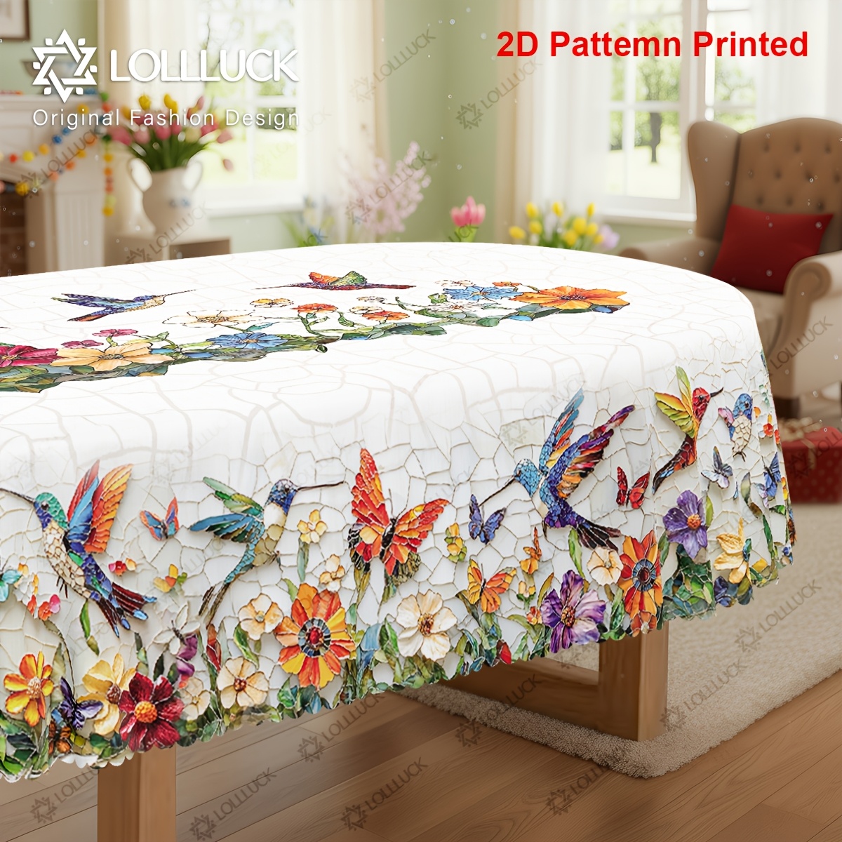 TEMU 1pc, Spring/summer Themed Party Tablecloth, Colorful Stained Glass , Hummingbird, And Daisy Floral Print Design, Rectangular/round/oval