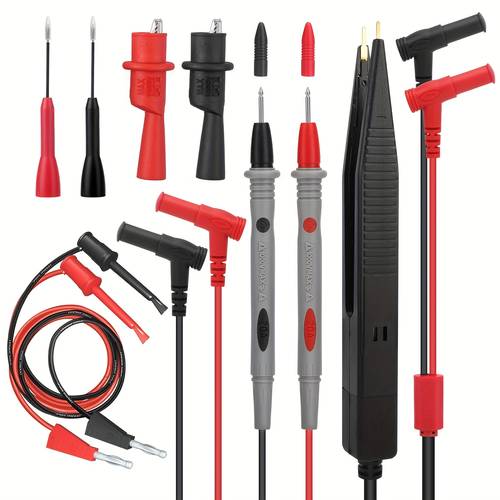 set of 9 precision electrical multimeter test probes including clips and hook clips for testing fine circuits designed for professionals with electrical conductivity