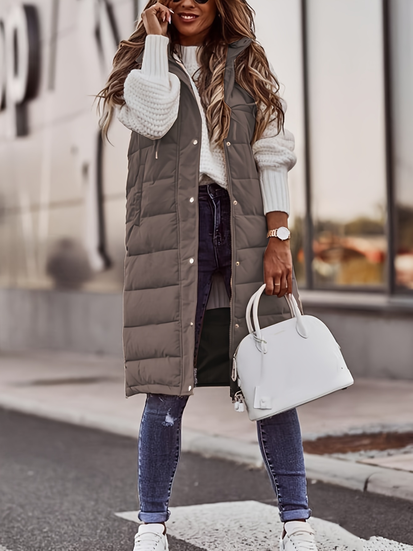 womens long hooded vest casual sleeveless polyester quilted jacket with front zip closure and pockets solid color black warm non stretch fabric ideal for fall winter layering details 26