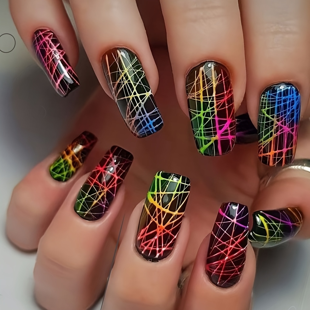 TEMU 2026 New Style 24pcs Trendy Colorful Hand-painted Wearable Nails, Street Style, Manicure, Colorful Graffiti Nails, Removable