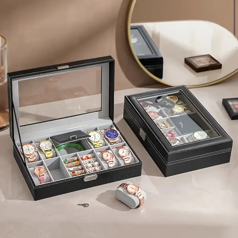 10 scenes black simple transparent flip jewelry box with dial display area leather jewelry box for mens and womens watches rings earrings necklaces bracelets storage home decorative jewelry box suitable for family jewelry organization valentines day gift fathers day gift mothers day gift birthday gift Product details 0