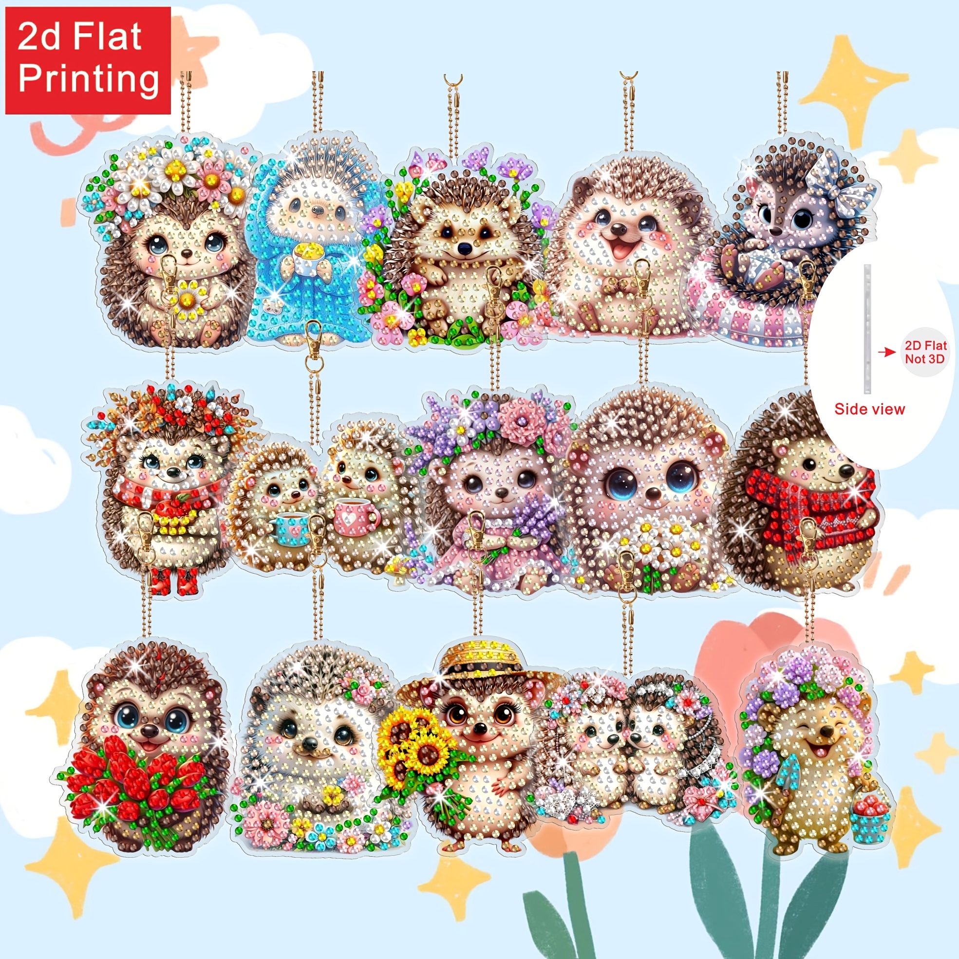 Image of 2d/flat Printing 15pcs Set - Adorable Hedgehog Diamond Painting Keychain 5d Pendant Double-sided Hanging Keychain, Perfect For Holiday Party Gifts And Backpack Additions, Beginner-friendly Gift Set