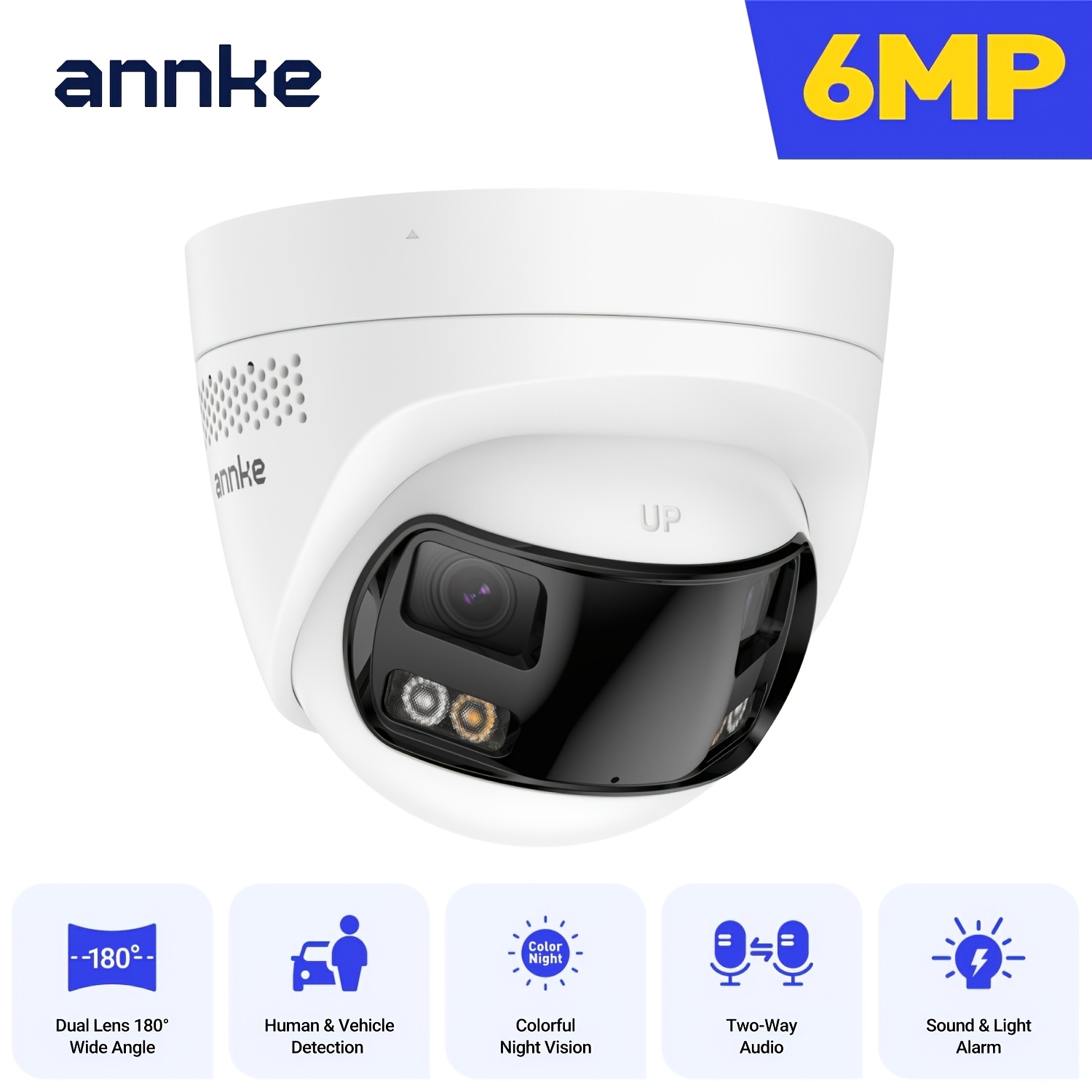 Annke 6mp Poe Security Camera, 180° , Human And Vehicle Detection, Color Night Vision, Audio, Sound And Light Warning.