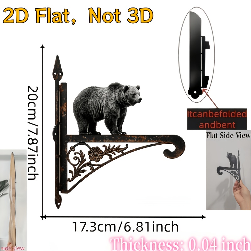 TEMU 0.04 Inch Thickness, 2d Flat Foldable Metal Hanging Bracket Hook, 0.04in Thin Rustic Bear Floral Scroll Decorative Plant Hanger, Wilderness Wall