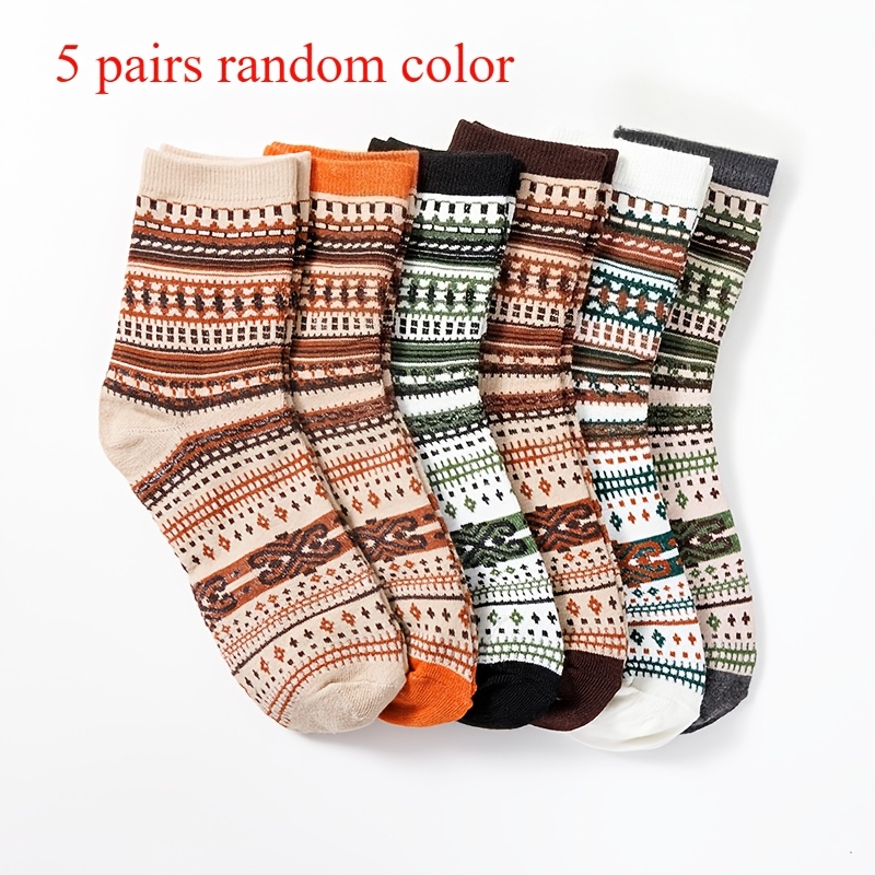 TEMU Lot de 5 paires de chaussettes décontractées pour femme, style ethnique vintage, série couleur , chaudes et confortables, couleurs aléatoires,