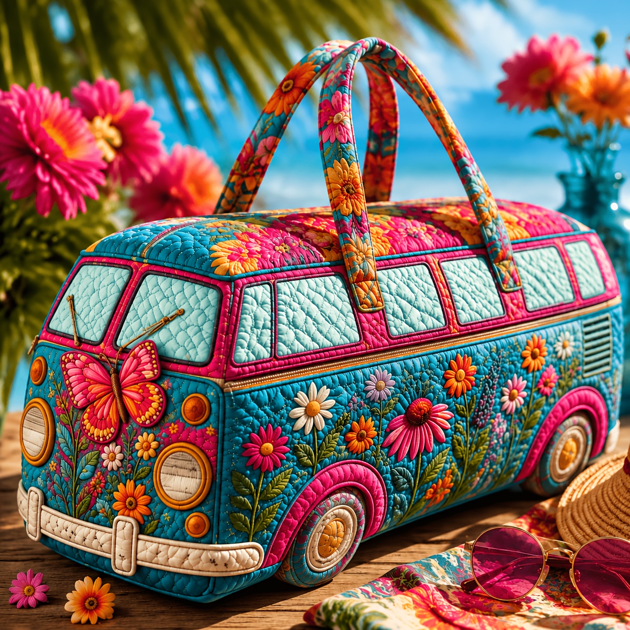 TEMU 1pc Colorful Floral Van Print Quilted Duffel Travel Bag, Large Capacity Lightweight Weekender Overnight Tote For Women, Gym, Travel, Camping,