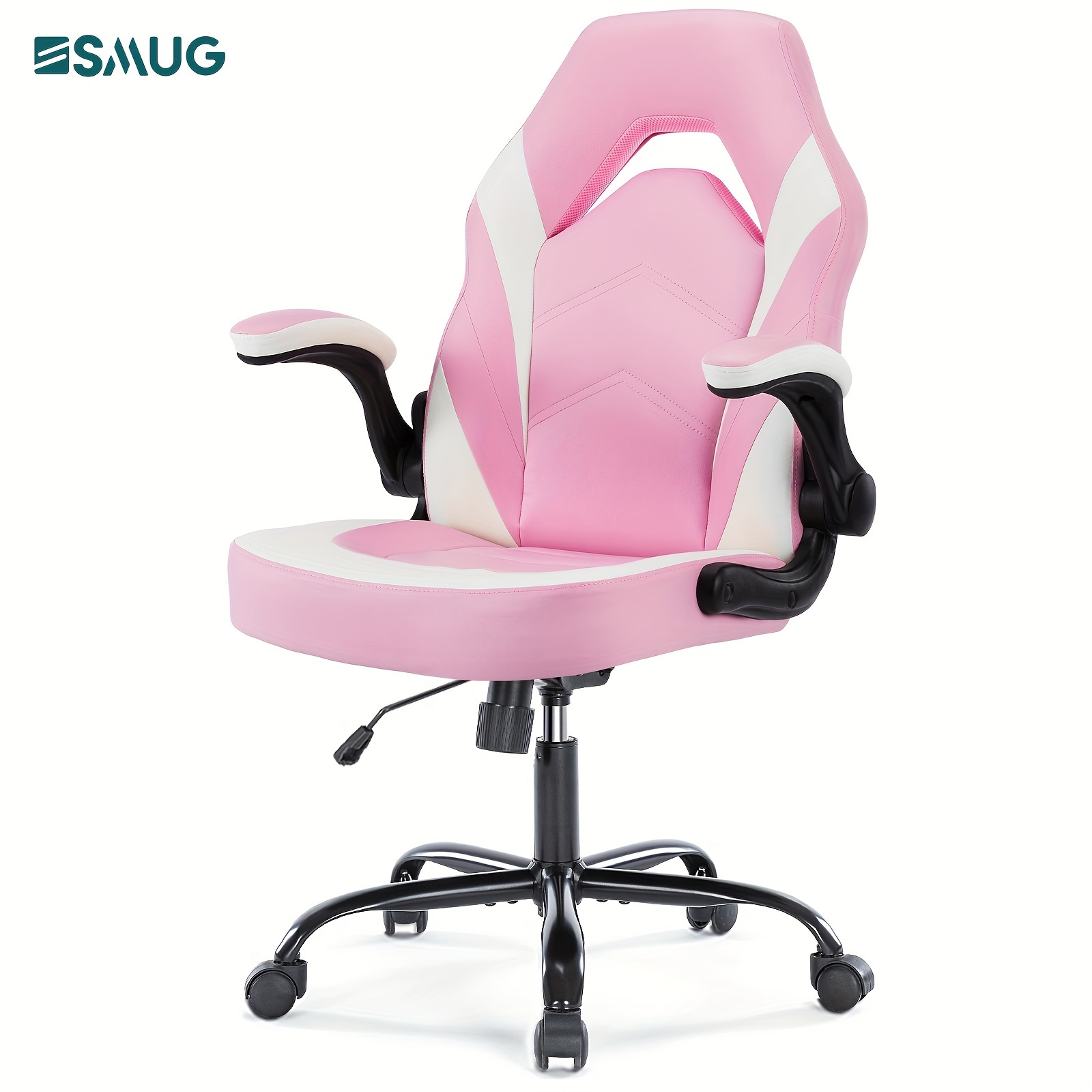 

Big And Tall Office Desk Leather Gaming Computer Chair With Adjustable Swivel Task And Flip-up Arms For Adults, Teens - Pink