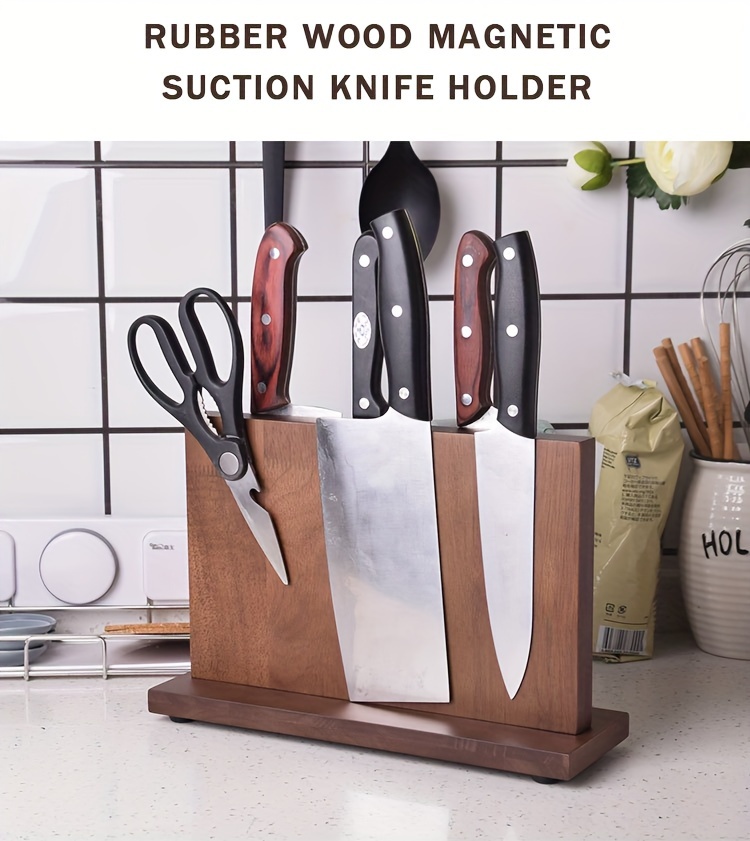 natural rubber wood magnetic knife strip premium solid wood knife holder block for kitchen and workshop tools details 0