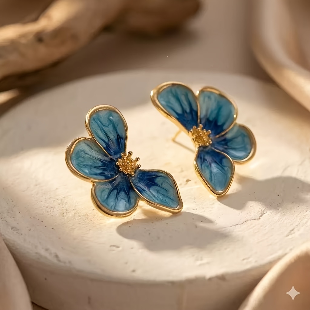 Women's Vintage Blue Enamel Flower Stud Earrings, Elegant Design