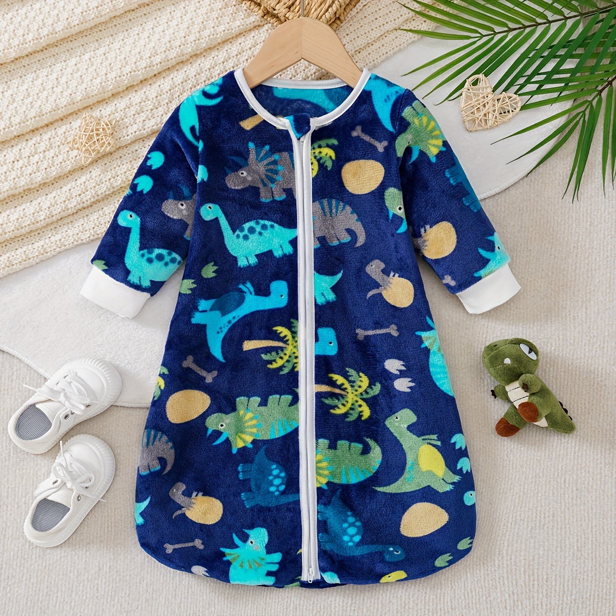 Tree Dinosaur Long Sleeve Flannel Fleece Double-breasted Hidden Zipper Autumn Winter Warm Anti-kick Soft Comfortable