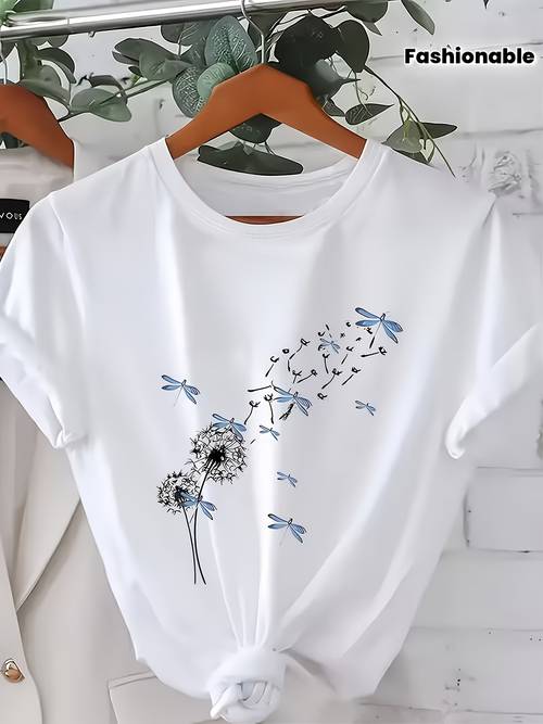 dandelion and dragonfly print summer womens seasonal t shirt fashion womens clothing