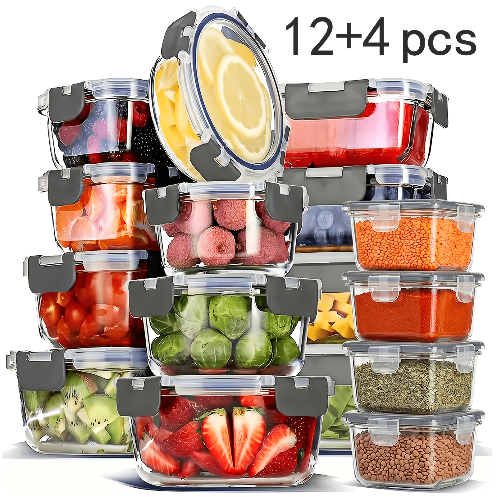 TEMU A Set Of 16 Glass Food Storage Containers With Lids, Perfect For Meal Preparation, Pantry And Kitchen Storage, As Well As Lunch - Leak-proof,