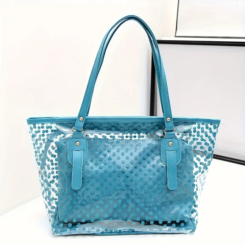 2 piece transparent pvc transparent beach bag clear shoulder bag with inner pocket dot pattern handbag white details 0