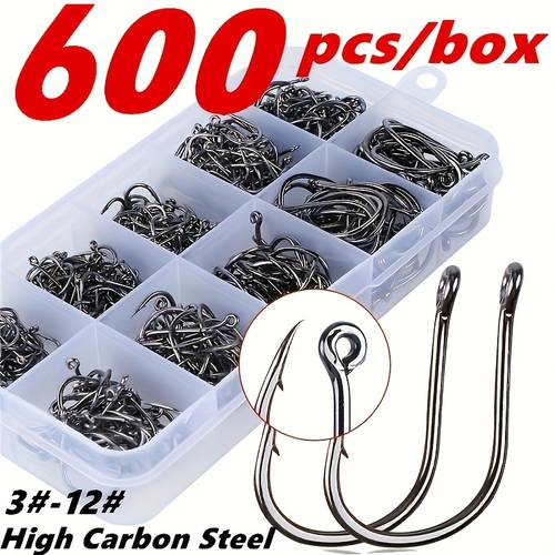 600 fish hooks 10 sizes trout fishing hook set high carbon steel barbed hooks with holes fishing gear with storage box suitable for fishing in any environment